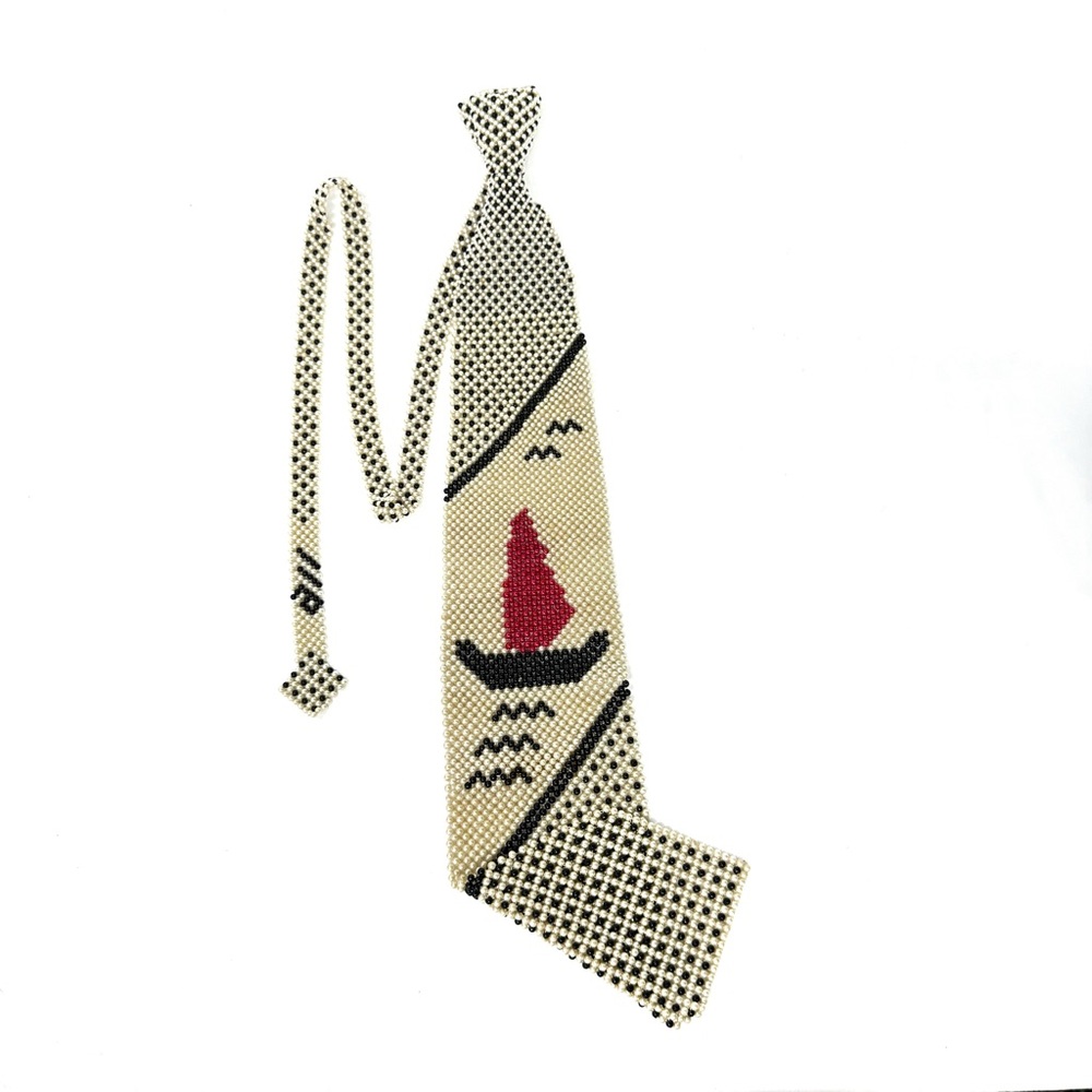 Hand-Beaded Vintage Sailor Necktie Tie Unique Nautical White Red Black Tie